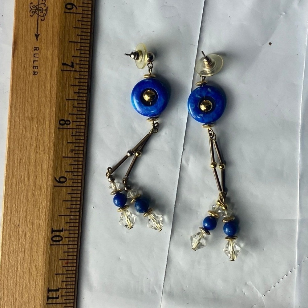 Boho Blue Beaded‎ Dangle Earrings Gold Tone Crystal Accents